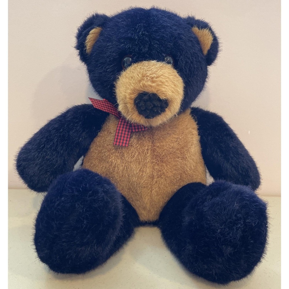 Vintage 1992 DAKIN Gingham Teddy Bear Plush Stuffed Animal Navy Blue Tan Red Bow